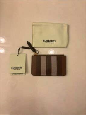 Burberry Brown and Tan Striped Leather Zip Card Holder with Wrist Strap